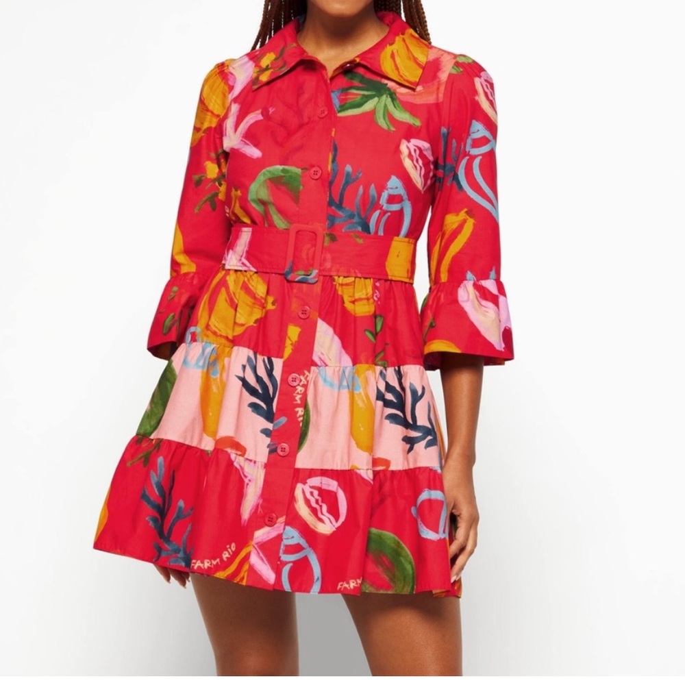 FARM Rio Red Multicolor Painted Floral Shirt Dress